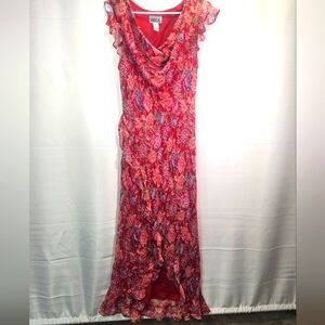 Robbie Bee Red and Pink Silk Ruffled Tiered Beaded Gown